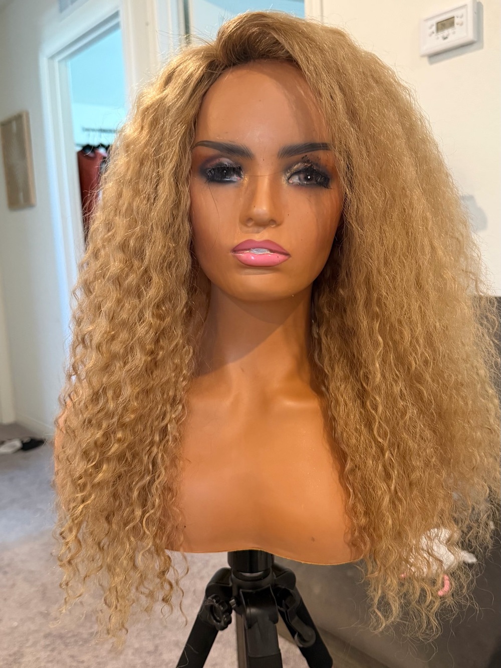 Human hair Blonde Curly Long Lace Front Wig -